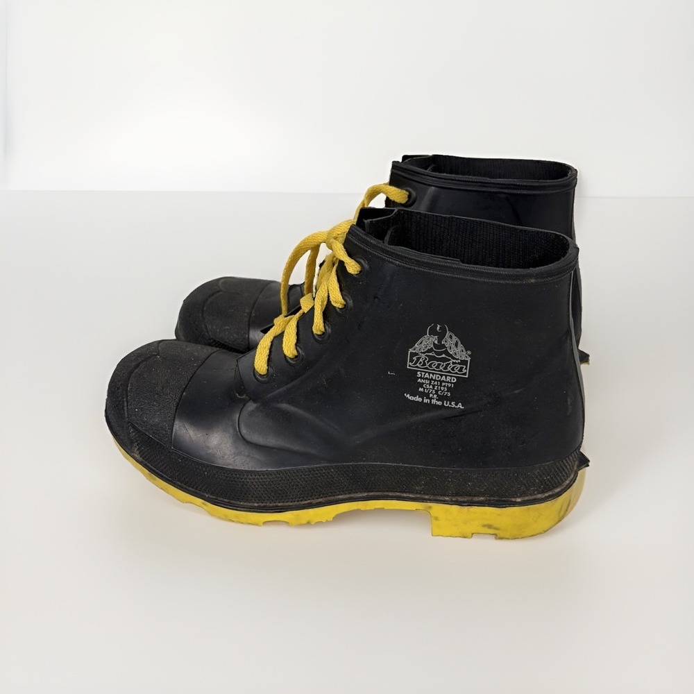 Bata Standard Men's Size 10 Black Rubber Work Boots Yellow Sole Made in USA
